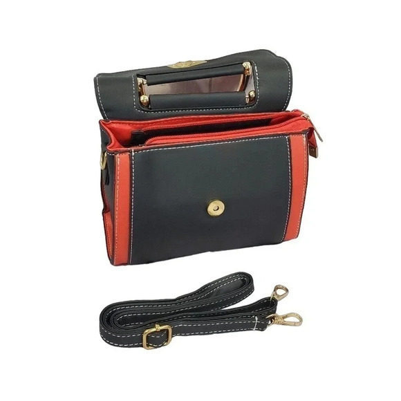 Red and Black Two-Tone Cross Body Purse With Golden Accents, Adjustable Strap - Picture 10 of 10